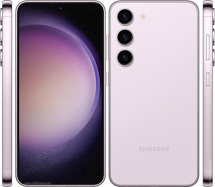 Samsung Galaxy S23 Review: The image shows the front and back of the phone. The front view shows a purple and pink gradient over a black screen. The rear view shows a white Galaxy S23 with a triple camera setup and a Samsung logo. The phone has a display with curved edges and a metal frame. Source: GSMArena